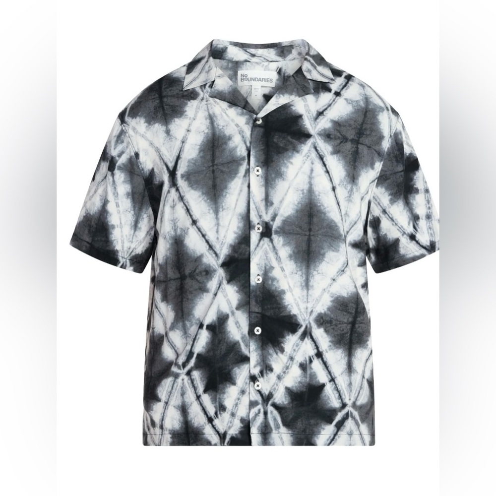NWT No Boundaries Men’s L Black White Diamond Tie Dye Rayon Button Up Shirt